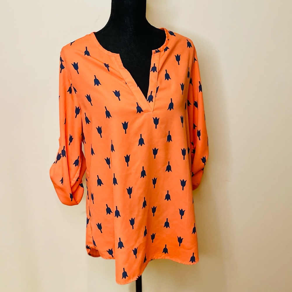 Pomelo Tulip Print Tab Sleeve Blouse SZ L❤️NWOT